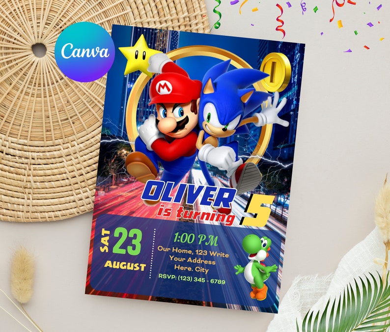 K&ouml;nnte beinhalten: Eine Geburtstagseinladung mit den Figuren Mario und Sonic the Hedgehog. Die Einladung ist blau und rot mit einem gelben Stern und goldenen M&uuml;nzen. Der Text lautet "Oliver wird 5" und "Sa 23. August 14:00 Uhr".