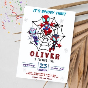 May include: A Spiderman-themed birthday party invitation with a red, blue, and black Spiderman character on a web. The invitation says "It's Spidey Time!" and "Oliver is turning five!" with a date of August 23rd at 3:00 PM. The invitation also includes an address and RSVP information.