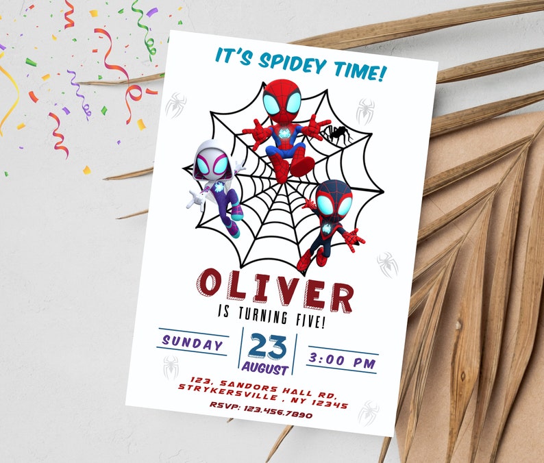 May include: A Spiderman-themed birthday party invitation with a red, blue, and black Spiderman character on a web. The invitation says "It's Spidey Time!" and "Oliver is turning five!" with a date of August 23rd at 3:00 PM. The invitation also includes an address and RSVP information.