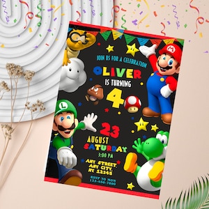 Convite de aniversário do Super Mário | Convite para festa de aniversário do Mário | Modelo digital editável do Canva
