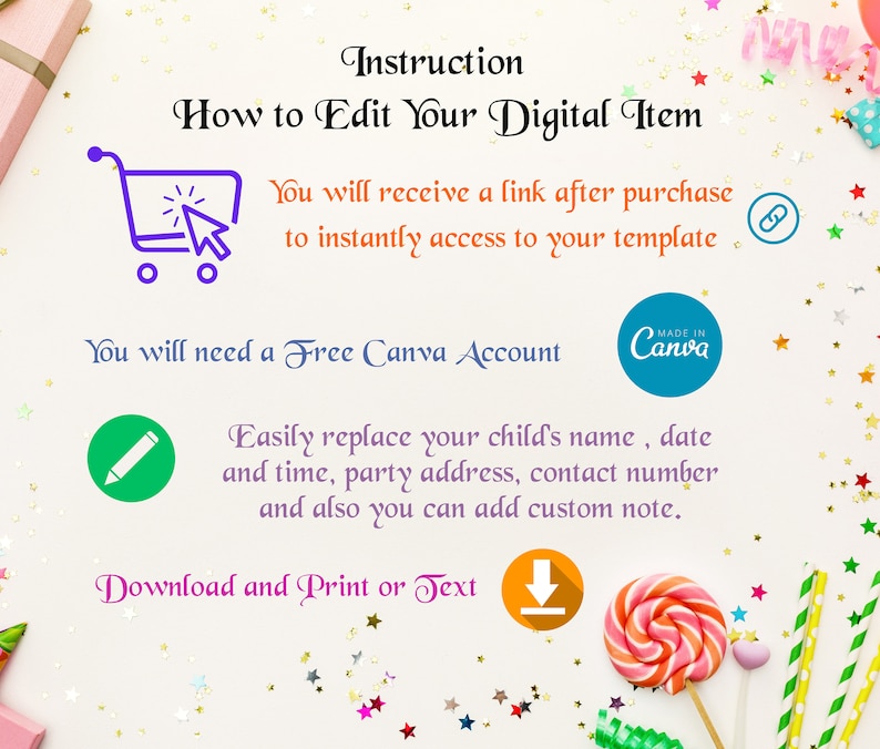 K&ouml;nnte beinhalten: Ein wei&szlig;er Hintergrund mit Konfetti und einem Einkaufswagen-Symbol, einem Bleistift-Symbol und einem Download-Symbol. Der Text lautet "Anleitung So bearbeiten Sie Ihren digitalen Artikel Sie erhalten nach dem Kauf einen Link, um sofort auf Ihre Vorlage zuzugreifen Sie ben&ouml;tigen ein kostenloses Canva-Konto Ersetzen Sie einfach den Namen Ihres Kindes, das Datum und die Uhrzeit, die Adresse der Party, die Telefonnummer und Sie k&ouml;nnen auch eine benutzerdefinierte Notiz hinzuf&uuml;gen. Herunterladen und Drucken oder Text"