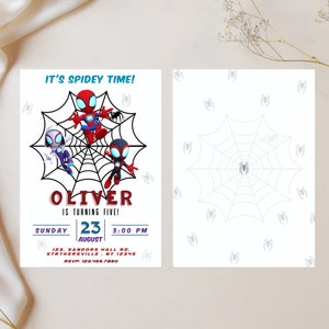 May include: A Spiderman-themed birthday party invitation with a red, blue, and black cartoon image of Spiderman, Spider-Gwen, and another Spiderman character. The invitation says "It's Spidey Time!" and "Oliver is turning five!" with a date and time of Sunday, August 23rd at 3:00 PM. The invitation also includes an address and RSVP information.