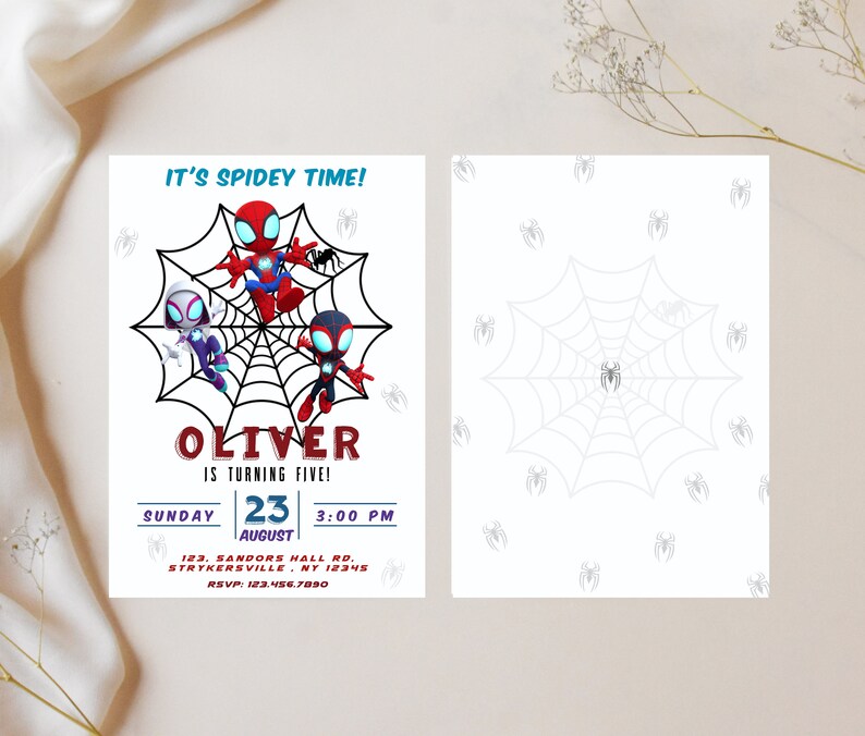 May include: A Spiderman-themed birthday party invitation with a red, blue, and black cartoon image of Spiderman, Spider-Gwen, and another Spiderman character. The invitation says "It's Spidey Time!" and "Oliver is turning five!" with a date and time of Sunday, August 23rd at 3:00 PM. The invitation also includes an address and RSVP information.