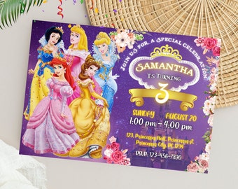May include: A purple birthday invitation featuring six animated princesses. The invitation includes the text "Samantha is turning 3" with event details: Sunday, August 20, 1:00 pm - 4:00 pm, and an RSVP number.