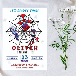 May include: A birthday invitation featuring three cartoon Spider-Man characters in a web. The invitation is for Oliver's 5th birthday party on Sunday, August 23rd at 3:00 PM. The address is 123 Sandors Hall Rd, Strykersville, NY 12345. The RSVP number is 123.456.7890.