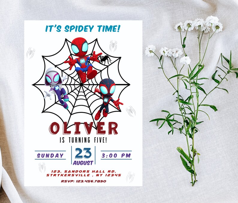 May include: A birthday invitation featuring three cartoon Spider-Man characters in a web. The invitation is for Oliver's 5th birthday party on Sunday, August 23rd at 3:00 PM. The address is 123 Sandors Hall Rd, Strykersville, NY 12345. The RSVP number is 123.456.7890.