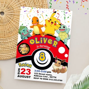 Invitation Pokémon modifiable | Faire-part d'anniversaire Pokémon avec photo | Modèle de toile numérique