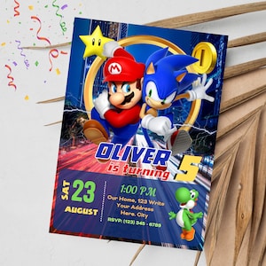 K&ouml;nnte beinhalten: Eine blaue und rote Geburtstagseinladung mit den Figuren Mario und Sonic the Hedgehog. Die Einladung lautet "Oliver wird 5" und enth&auml;lt das Datum "Sa 23. August" und die Uhrzeit "13:00 Uhr".