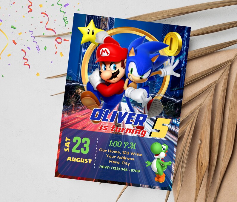 K&ouml;nnte beinhalten: Eine blaue und rote Geburtstagseinladung mit den Figuren Mario und Sonic the Hedgehog. Die Einladung lautet "Oliver wird 5" und enth&auml;lt das Datum "Sa 23. August" und die Uhrzeit "13:00 Uhr".