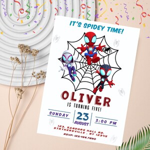 May include: A birthday invitation featuring three cartoon Spider-Man characters on a web. The invitation is for Oliver's fifth birthday party on Sunday, August 23rd at 3:00 PM. The address is 123 Sandors Hall Rd, Strykersville, NY 12345. The RSVP number is 123.456.7890.
