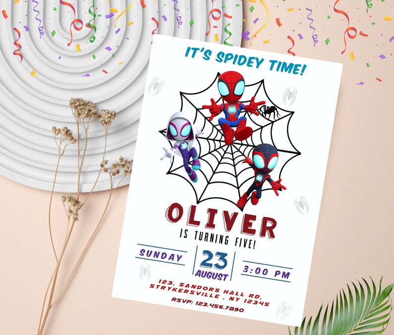 May include: A birthday invitation featuring three cartoon Spider-Man characters on a web. The invitation is for Oliver's fifth birthday party on Sunday, August 23rd at 3:00 PM. The address is 123 Sandors Hall Rd, Strykersville, NY 12345. The RSVP number is 123.456.7890.