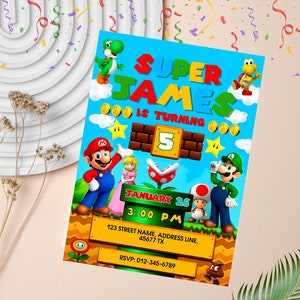 Convite de aniversário editável do Mario | Convite para festa do Super Mario | Convite do Mario e Luigi