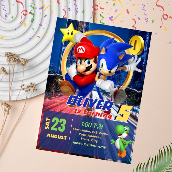 Mario Sonic Invitation | Super Mario and Sonic Birthday Party Invite | Editable Digital Party Template