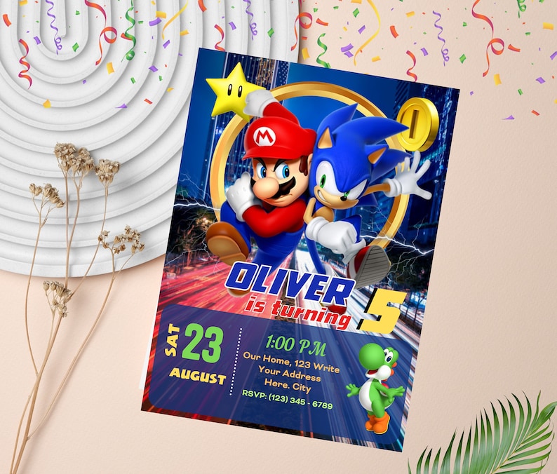 K&ouml;nnte beinhalten: Eine blaue und rote Geburtstagseinladung mit den Figuren Mario und Sonic the Hedgehog. Die Einladung lautet "Oliver wird 5" und enth&auml;lt das Datum "Sa 23. August" und die Uhrzeit "13:00 Uhr".