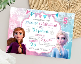 May include: A Frozen-themed birthday invitation with a pink and blue background. The invitation features images of Anna and Elsa from the movie Frozen. The text on the invitation reads "Please join us for a Frozen Celebration! as Sophia Turns 5! Saturday August 23 2:00 PM 123 Street Name, Address Line, TX 12345 RSVP to Mom at 123-456-7891".