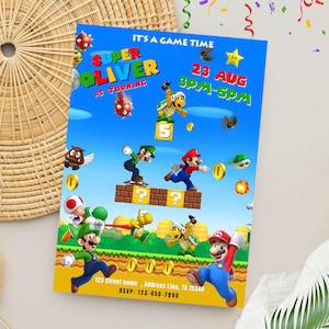 Mario Geburtstagsparty Vorlage | Super Mario Geburtstagseinladung |  Bearbeitbare digitale Canva-Vorlage
