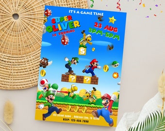 Mario Birthday Party Template | Super Mario Birthday Invitation |  Editable Digital Canva Template