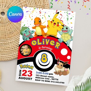 May include: A Pokemon-themed birthday invitation for an 8-year-old named Oliver. The invitation features a red and white Pokeball with a yellow number 8, surrounded by various Pokemon characters, including Pikachu, Bulbasaur, Charmander, and Squirtle. The invitation also includes the date, time, and RSVP information.