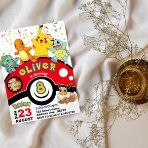 May include: A Pokemon-themed birthday invitation for Oliver's 8th birthday party. The invitation features a red and white Pokeball with a picture of Oliver in the center. The invitation also features various Pokemon characters, including Pikachu, Bulbasaur, Charmander, and Eevee. The invitation includes the date, time, and location of the party, as well as an RSVP number.