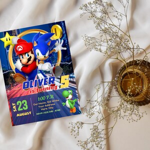 K&ouml;nnte beinhalten: Eine Geburtstagseinladung mit den Figuren Mario und Sonic the Hedgehog. Die Einladung ist f&uuml;r Olivers 5. Geburtstagsparty am Samstag, den 23. August um 13:00 Uhr. Die Adresse lautet 123 Write Your Address Here. City. RSVP: (123) 345-6789.