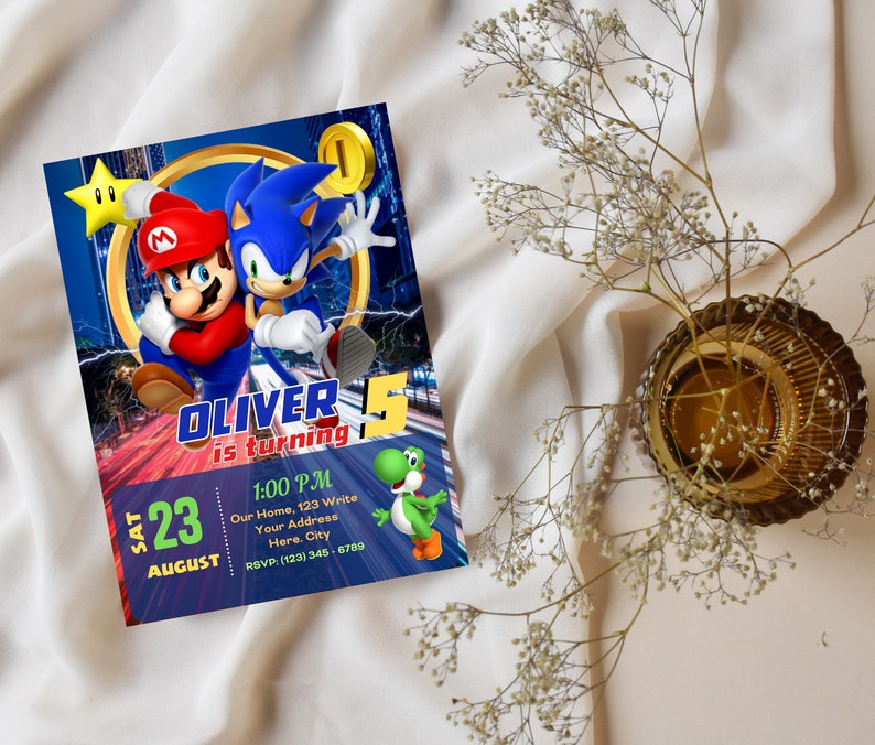 K&ouml;nnte beinhalten: Eine Geburtstagseinladung mit den Figuren Mario und Sonic the Hedgehog. Die Einladung ist f&uuml;r Olivers 5. Geburtstagsparty am Samstag, den 23. August um 13:00 Uhr. Die Adresse lautet 123 Write Your Address Here. City. RSVP: (123) 345-6789.
