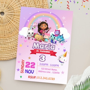 d'anniversaire de maison de poupée de Gabby | Invitation modifiable de fête d'anniversaire de Gabby | Invitation personnalisée numérique