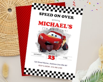 May include: A red and white birthday invitation with a cartoon image of Lightning McQueen from the Cars movie. The invitation says "Speed On Over" and "Amazing Michael's 7th Birthday!" with the date and time of the party.