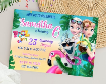 May include: A Frozen-themed pool party invitation with a pink flamingo float, Olaf, and Elsa and Anna wearing sunglasses. The invitation says "Join us to celebrate Samantha is turning 6. Pool Party 23 Saturday August 1:00 PM to 5:00 PM. Isabella's house 123 Street Name, Address Line, TX. RSVP to Mom 123-456-7890"