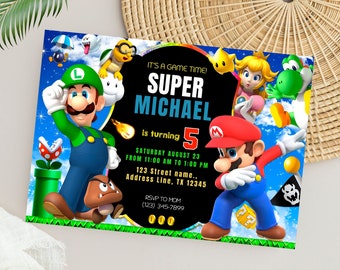 Könnte beinhalten: Eine Geburtstagseinladung mit Figuren aus der Super Mario Videospiel-Reihe. Die Einladung ist schwarz mit grünen, roten und blauen Akzenten. Sie lautet "It's a game time! Super Michael wird 5. Samstag, 23. August von 11:00 Uhr bis 13:00 Uhr. 123 Street name... Address Line, TX 12345. RSVP an Mama (123) 345-7899."