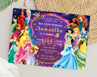 May include: Purple invitation with a sparkly gold border. The invitation features a collage of Disney princesses, including Cinderella, Ariel, Belle, and Moana. The text reads "Join us for a royal celebration. Our little princess Samantha is turning 4. Sunday, August 22, 3:00 PM - 5:00 PM. Our Home. 123 Write Your Address Here. City. RSVP to Mom. 123-456-7890."