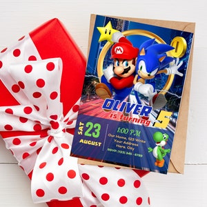 K&ouml;nnte beinhalten: Eine blaue und gr&uuml;ne Geburtstagseinladung mit den Figuren Mario und Sonic the Hedgehog. Die Einladung lautet "Oliver wird 5" und enth&auml;lt Datum, Uhrzeit und RSVP-Informationen.