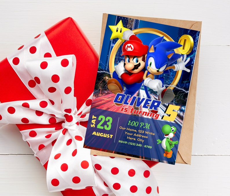 K&ouml;nnte beinhalten: Eine blaue und gr&uuml;ne Geburtstagseinladung mit den Figuren Mario und Sonic the Hedgehog. Die Einladung lautet "Oliver wird 5" und enth&auml;lt Datum, Uhrzeit und RSVP-Informationen.