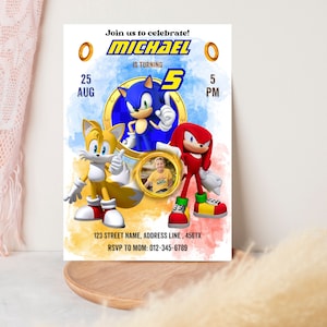 Sonic modifiable avec invitation à une fête d'anniversaire photo | Faire-part d'anniversaire numérique de Sonic le hérisson |  Modèle de toile numérique