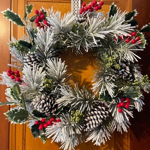 Winter Wreath, Front Door Decor, Interior Decor, Seasonal, Winter, Pine Cones, Flocked Wreath, Berries, Holly, Gift