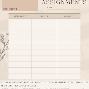 Può includere: Un foglio di assegnazione degli studenti stampabile con sezioni per l'università, l'istruttore, il semestre, la data, l'assegnazione, l'infermiera/l'assistente infermieristico e lo studente. Il foglio include le responsabilità degli studenti: valutazione da capo a piedi, segni vitali, assistenza/completamento di ADLs, con approvazione, gli studenti possono osservare le procedure in altre aree, gli studenti devono eseguire procedure/trattamenti mentre l'istruttore clinico è presente, gli studenti non devono somministrare farmaci.