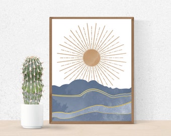 Minimalist Sun Wall Art, Boho Sun Print, Gold Sun Home Decor, Mid Century Modern, Yellow Sun Minimalist Poster Printable