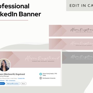 Könnte beinhalten: Eine rosa und graue LinkedIn-Banner-Vorlage mit einem Frauenporträt, dem Text "Alison (Wentworth) Engstrand" und dem Titel "Marketing Manager". Das Banner enthält auch den Text "Alison Engstrand" in einer stilisierten Schriftart und den Text "Marketing Account Manager".