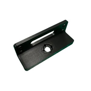 May include: Black plastic bracket with a slot and a round hole in the center. The bracket has a textured surface.