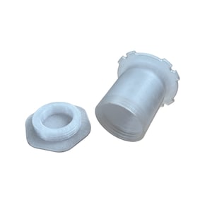 May include: A clear plastic container with a lid. The container has a ridged edge and the lid has a hexagonal shape.