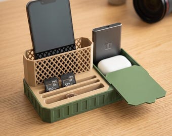 Desk Organizer for Tech and SD Cards | Phone Stand, SSD Holder, AirPods Storage | Minimal Setup for Creators and Photographers