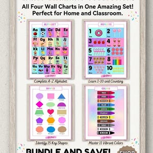 May include: A framed set of four educational wall charts for early learning. The charts include the alphabet, numbers 1-10, shapes, and colors. The posters are designed for home and classroom use, with vibrant colors and clear illustrations.