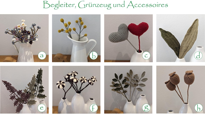 Op de afbeelding: Een verzameling gehaakte bloemstukken in verschillende kleuren en stijlen, tentoongesteld in witte keramische vazen. De arrangementen omvatten een ​​boeket kleine, paarse en witte bloemen, een takje gele bloemen, een paar rode en grijze harten, een paar groene bladeren, een boeket zwart-witte bloemen, een takje groene bladeren en een paar bruine bloemen.
