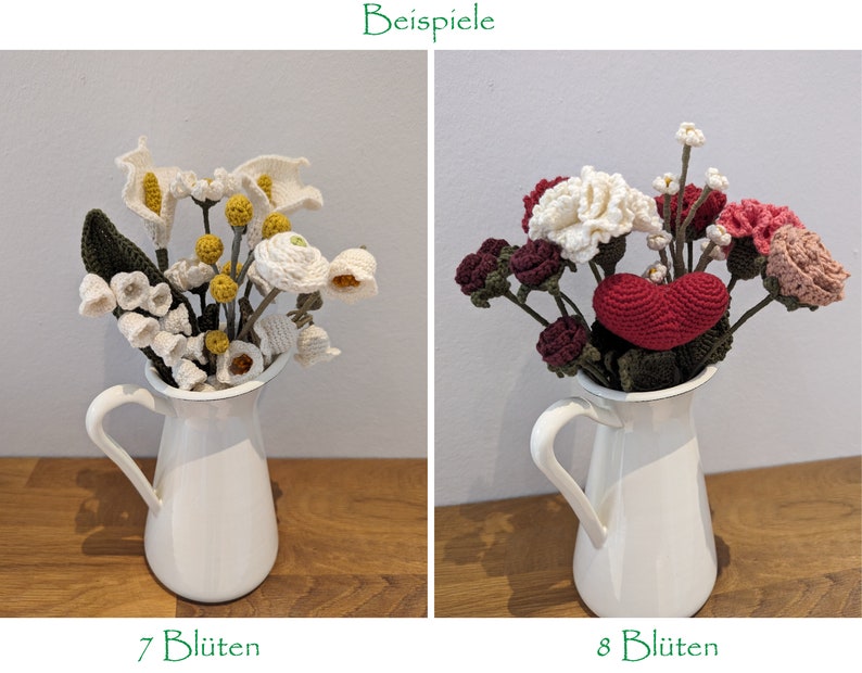 Op de afbeelding: Twee gehaakte bloemstukken in witte keramische kannen. De eerste opstelling heeft witte bloemen met gele centra en groene bladeren. De tweede opstelling heeft roze, witte en rode gehaakte bloemen met groene bladeren. De tekst "7 Bl&uuml;ten" staat onder de eerste opstelling en "8 Bl&uuml;ten" staat onder de tweede opstelling.