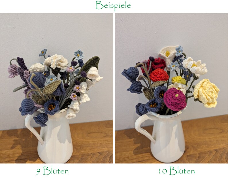 Op de afbeelding: Twee gehaakte bloemboeketten in witte keramische kannen. Het boeket aan de linkerkant heeft 9 bloemen in tinten blauw, wit en groen. Het boeket aan de rechterkant heeft 10 bloemen in tinten rood, geel, roze, wit en groen. De tekst "Beispiele" staat bovenaan de afbeelding. De tekst "9 Bl&uuml;ten" staat onder het linker boeket. De tekst "10 Bl&uuml;ten" staat onder het rechter boeket.