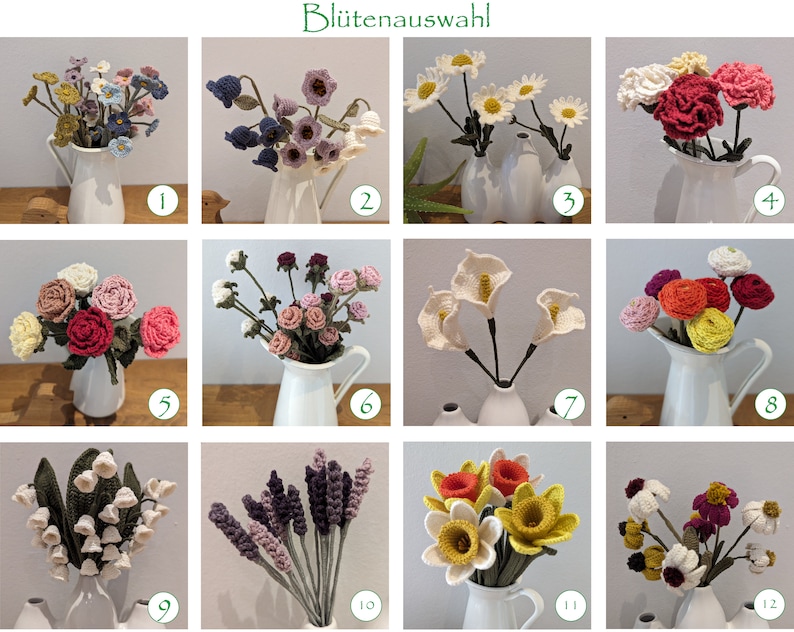 Op de afbeelding: Twaalf gehaakte bloemboeketten in witte keramische vazen. De boeketten bevatten lavendel, lelies, anjers, madeliefjes en andere bloemen. De titel "Bl&uuml;tenauswahl" staat bovenaan de afbeelding.