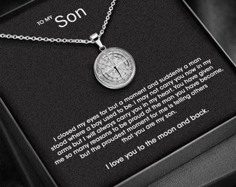 Son, Love You To The Moon - Engravable Compass Pendant Gift Set, gift for son,  message necklace for men, birthday gift for him, graduation
