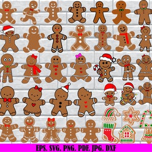 May include: A collection of gingerbread man and woman illustrations in various poses and styles. Some wear hats, bows, and accessories. The image includes Christmas-themed elements like a stocking, candy cane, and a gingerbread house. The background is a white brick wall.