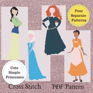 以下が含まれることがあります： 4人のシンプルなプリンセスデザインのクロスステッチPDFパターン。プリンセスはピクセル化されたスタイルで描かれており、それぞれ異なるドレスを着ています。画像には「Cute Simple Princesses」と「Four Separate Patterns」というテキストが含まれています。