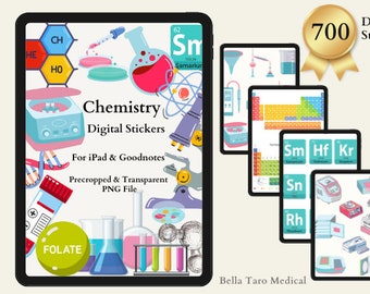 以下が含まれることがあります： iPadとGoodnotes用のデジタル化学ステッカー。画像には、ビーカー、試験管、周期表など、化学関連のイラストが描かれたカラフルなデジタルステッカーが表示されたタブレットが写っています。ステッカーは、事前に切り抜かれた透明なPNGファイルです。