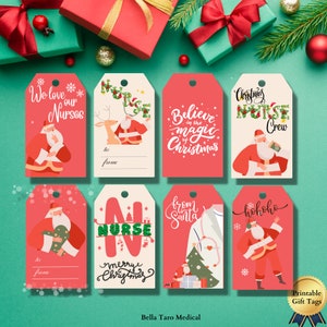 Christmas Nurse Santa Crew Gift Tags Printable | Holiday Red Santa Candy Chocolate Cookie Gift Favor Tags | Christmas Printable Gift Tags